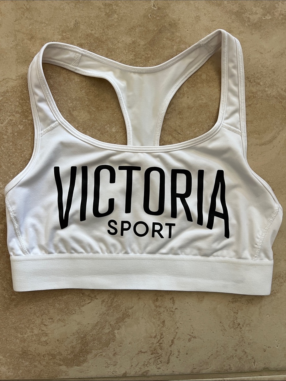 Victoria's Secret White Racerback Sport Bra with Black Logo